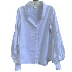 Petersyn White‎ Cotton Medium Blouse Buttons LS Puffy Sleeves Open Neck Collar
